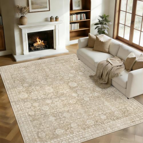 5x7 Area Rugs for Living Room: Washable Vintage Floral Rug Low Pile Non-Slip Boho Carpet for Nursery Bedroom Dining Room (Brown, 5'x7') by LOSBULAKE