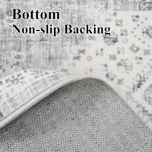 Washable 5x5 Area Rug Square - Vintage Living Room Bedroom Rugs with Non Slip Backing Indoor Durable Low Pile Carpet for Entryway Office Nursery Foldable Home Decor Floor Mat 5x5 Grey - Image 4