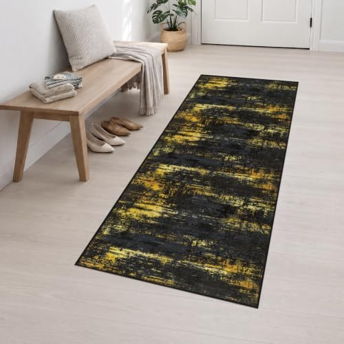 2.6x8 Washable Runner Rug：Modern Abstract Soft Carpet Black Gold - Image 3