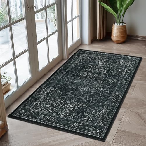 Black Distressed 3x5 Area Rugs for Entryway Foyer, Washable Non Slip Low Pile Throw Rugs for Kitchen, Dark Vintage Medallion Pinted Carpet for Bedroom/Bathroom/Closet/Dorm/Home Office by Jainmy