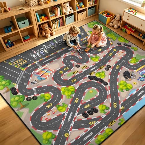 Kids Car Road Play Rug, 8x10 ft Race Track Rug Play Mat by GRAMBET