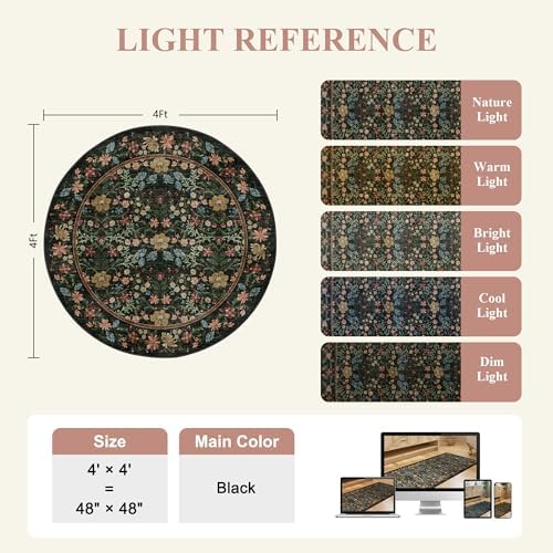 DUKINO 4ft Round Rug, Washable Vintage Floral Area Rug for Bedroom, Black - Image 2