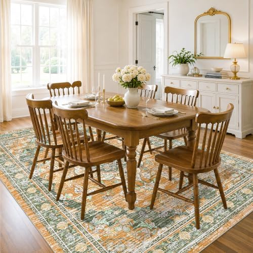 8x10 Area Rugs for Living Room, Boho Washable Non Slip Carpet, Green Orange - Image 3