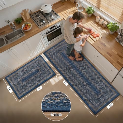 HEBE Faux Jute Kitchen Rugs Set of 2, Washable Kitchen Mats for Floor - Image 2