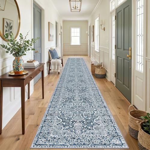 KUTA Vintage Extra Long Wide Runners for Hallways 3x18 Washable Blue White - Image 3