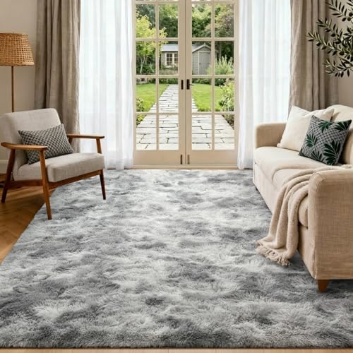 4x6 Ft Shag Rugs for Bedroom Living Room, Tie-Dyed Ultra Soft Fluffy Furry Area Rugs for Indoor Floor, Aesthetic Carpet for Kids Home Decor (Grey) by Cuzwlovita