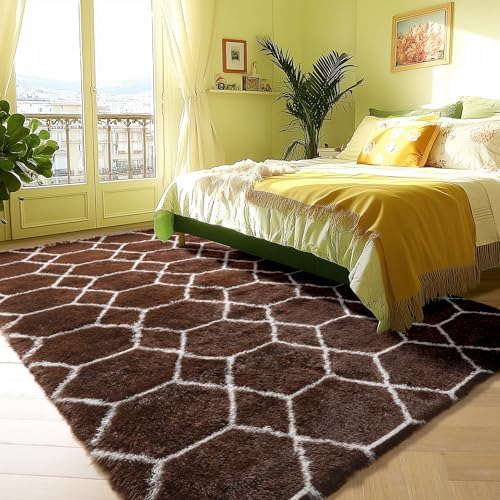6x9 Area Rugs for Living Room Bedroom, Fluffy Brown and White Geometric Rug - Image 5