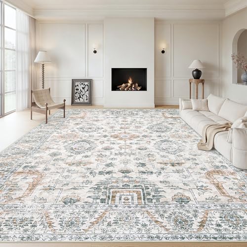 XLUEZ Area Rug 8x10 Living Room Rug, Machine Washable Vintage Distressed Boho Area Rug Non-Slip Soft Low Pile Large Indoor Rugs for Bedroom Kitchen Dining Room Office(Brown Green,8'x10') by XLUEZ