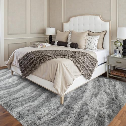 6x9 Non-Slip Fluffy Area Rugs For Living Room (Tie-dye Striped Grey) - Image 2
