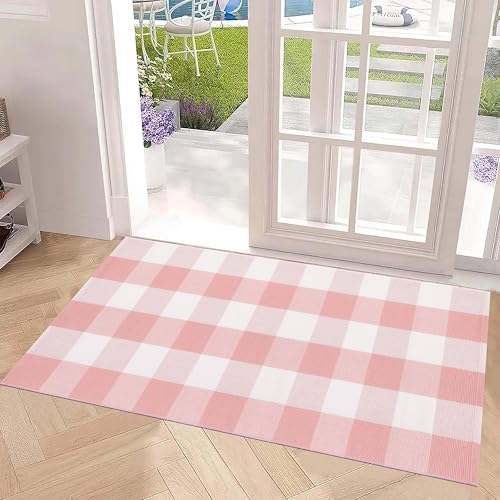 Pink and White Outdoor Rug 24"x51" Washable Buffalo Plaid Front Porch Rug - Image 6