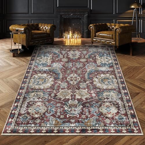 RUGSURE Washable Area Rugs - Perfect for Living Room, Bedroom, Kids Room, Nursery - Stain & Water Resistant Non-Slip, Pet & Child Friendly, Vintage Tribal Area Rugs (Rust and Blue, 5' x 7') by RUGSURE