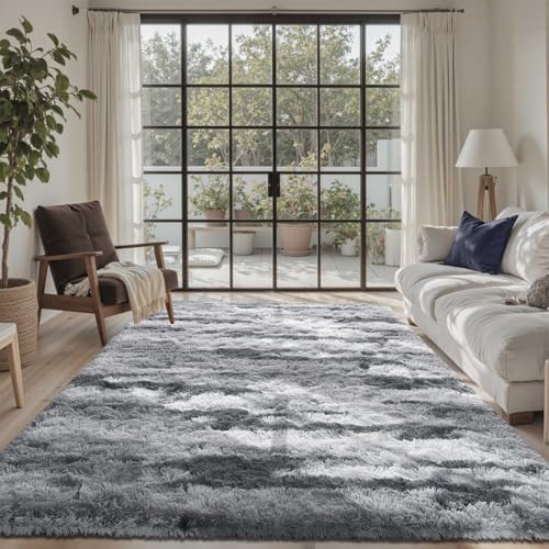 5x7 Ft Large Shag Rug for Living Room Bedroom,Tie-Dyed Ultra Soft Fluffy Furry Area Rug, Aesthetic Grey Carpet for Indoor Floor Home Decor - Image 2