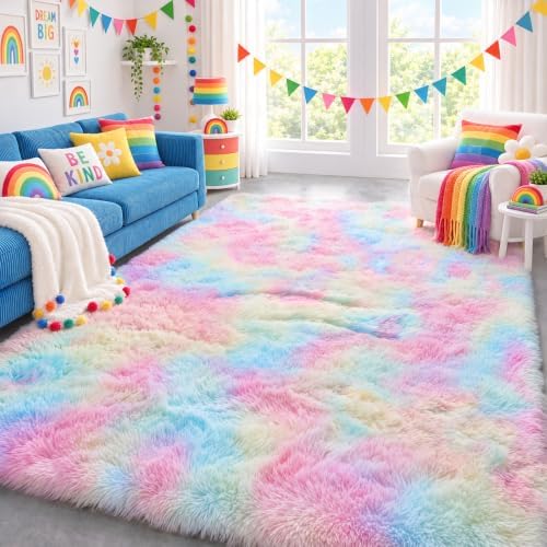Rainbow Area Rugs for Girls Bedroom Living Room, Fluffy 4x6 Kid Bedside Rug by ONASAR