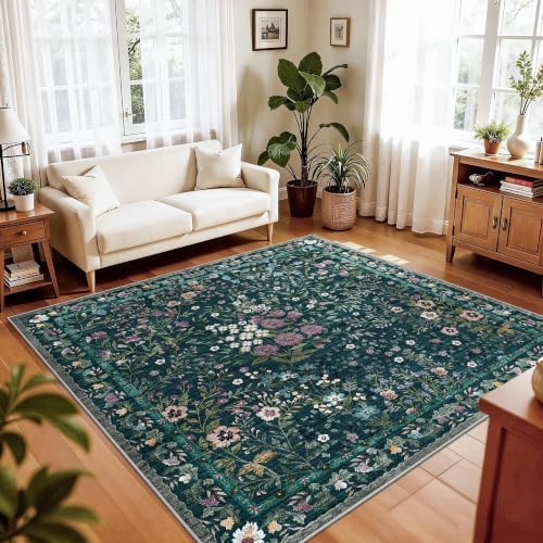 6x6 Washable Area Rug Living Room: Floral Non-Slip Washable Mat for Indoor Floor Dining Room Bedroom High Traffic Area - Soft Low Pile Carpet for Vintage Boho Home Decor (6ft Square, Green) by YOUFORTONG
