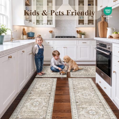 4 Piece Kitchen Rug Set Non-Slip: Washable Boho Kitchen Mats for Floor Soft Low Pile Carpet Runner for Sink,Entryway,Hallway - Vintage Thin Small Throw Rugs for Bathroom(Beige/Brown,2x3+2x4+2x5+2x6) - Image 4