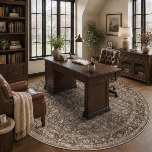 JOOJA 8x8 Dark Brown Vintage Low Pile Washable Boho Round Living Room Rug - Image 4