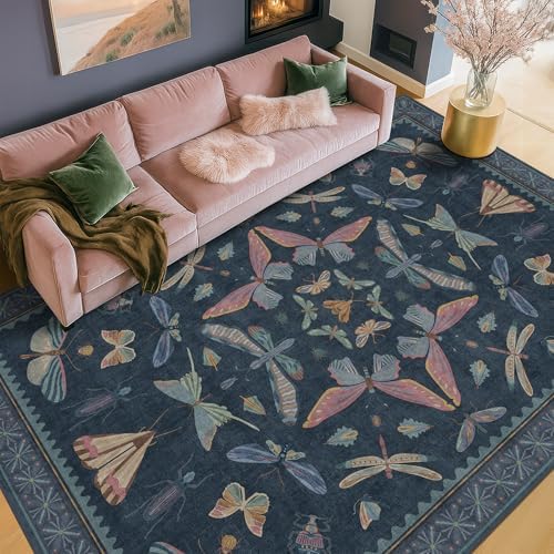 Navy Blue 6x8 Boho Rug for Living Room, Stain Resistant Non Slip Area Rug for Dining Room & Bedroom, Dark Vintage Insect Carpet, Soft Low Pile by HazoHaus
