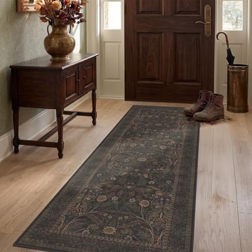 2x5 Small Runner Rug for Kitchen - Non Slip Brown Throw Rugs for Entryway, Laundry, Bathroom, Southwestren Floral Cabin Bedroom, Hallway Thin Stain Resistant Carpet by Evyhood