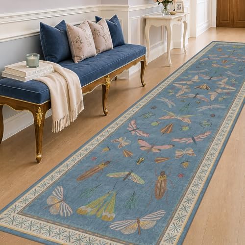 Blue Vintage Insect Runner Rug for Hallway 3x12, Washable Non Slip Kitchen Sink Carpet, Colorful Entryway Home Décor by HazoHaus