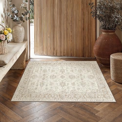 2x3 Beige Neutral Floral Entryway Area Rug by WondRg