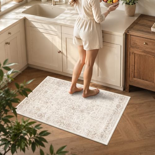 Washable 2x3 Entryway Non-Slip Area Rug Distressed Beige Door Mat - Image 2