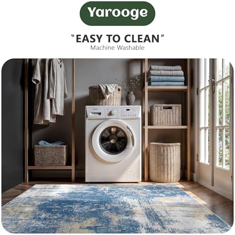 5x7 Rugs for Living Room - Modern Abstract Washable Rug, Ultra Soft Non Slip Low Pile Large Rugs, Floor Carpet for Bedroom Dining Room Office Laundry Nursery Home(Blue & Beige) - Image 6