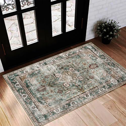 CHAMPLANT 2'x3' Area Rug Washable Door Mat Vintage Doormat Indoor Entrance Traditional Thin Floral Print Non Slip Carpet for Kitchen Bathroom Bedroom Living Room by CHAMPLANT