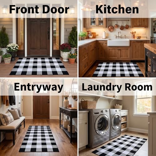Black and White Buffalo Plaid Rug 4’x 6’, Halloween Door Mat, Washable Layering Rug for Front Door Entryway Porch Indoor Outdoor - Image 7