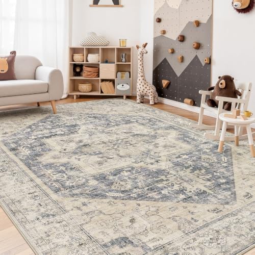 Vintage 9x12 Rugs for Living Room Washable Area Rug Blue Beige - Image 6