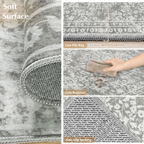 Vintage Living Room Area Rug - 9x12 Large Machine Washable Boho Area Rug Distressed Floral Rugs for Bedroom, Soft Non-Slip Indoor Floor Accent Rugs for Office Dining Room (Floral Grey, 9'x12') - Image 7