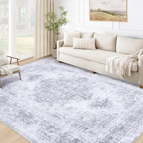 XLUEZ Area Rug 5x7 Living Room Rug, Machine Washable Vintage Distressed Medallion Rug Non-Slip Soft Low Pile Large Indoor Rugs for Bedroom Kitchen Dining Room Office(LightGrey,5'x7') by XLUEZ