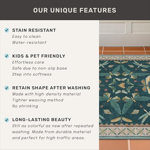Teal 3x6 Entryway Rug, Washable Low Pile Door Rug for Kitchen & Living Room, Indoor Insect Décor Carpet - Image 6