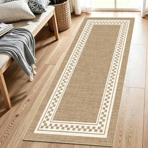 Faux Linen Washable Runner Rug Absorbent Surface 2x6 Warm Brown by WIEVEDENS