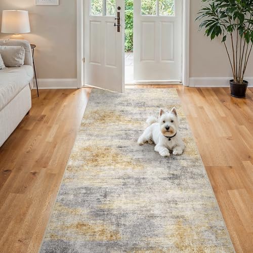 4x8 Runner Rug Washable Abstract: Non Slip Hallway Floor Mat Grey/Yellow by Ksrau