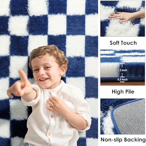 KICMOR Living Room Rug 5x7 Checkered Fluffy Area Rug, Navy Blue and Cream White Fuzzy Shag Shaggy Bedroom Carpets, Soft Plush Indoor Floor Rug for Kids Boys Girls Room Nursery Playroom Home Decor - Image 2