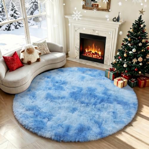 PAGISOFE Round Area Rugs for Boys Bedroom 5Ft Light Blue, Fluffy Circle Rug for Kids Room, Non-Slip, Super Soft Fluffy Carpet for Boys Nursery Kids Playroom, Baby Room Decor Dining Room Non-Shedding - Image 5