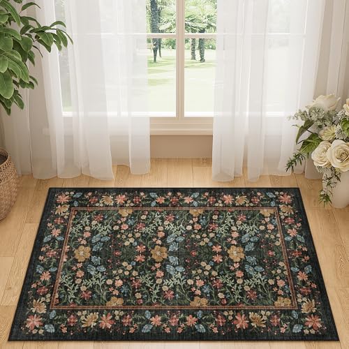 DUKINO 2x3 Entryway Rug, Washable Vintage Floral Area Rug, Black - Image 5