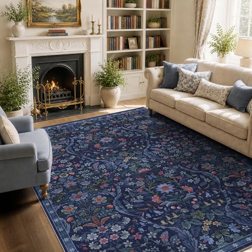 Floral Area Rug 5x7 Botanical Washable Carpet for Living Room by NakedCloud