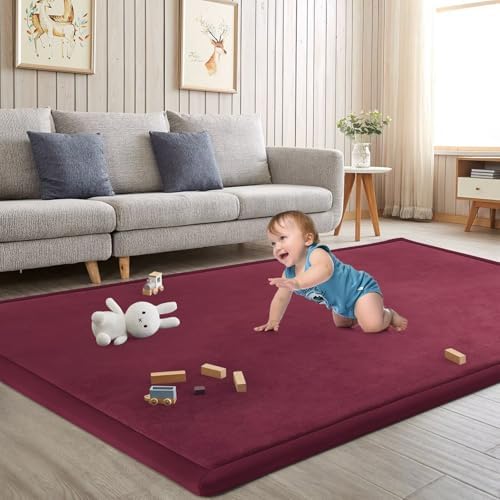 Baby Play Mat for Floor Nursery Muscle Mat Area Rug Playroom Rug 59x79" Elastic Foam 1.3" Thick Crawling Mat for Babies,Toddlers, Infants (Burgundy) by ILPEOD