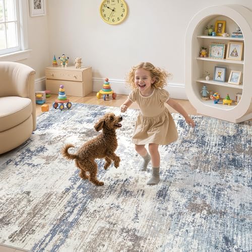 UERMEI 10x14 Area Rug Living Room Rugs - Washable Neutral Modern Abstract Soft Thin Large Rug Indoor Floor No Slip Rug Carpet for Bedroom Under Dining Table Home Office Decor - Denim Blue - Image 6
