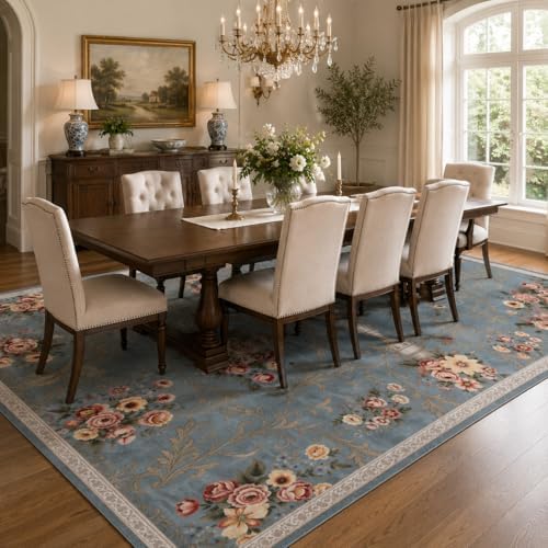 Helthep 8 * 10ft Blue Floral Vintage Washable Area Rug for Living Room - Image 3