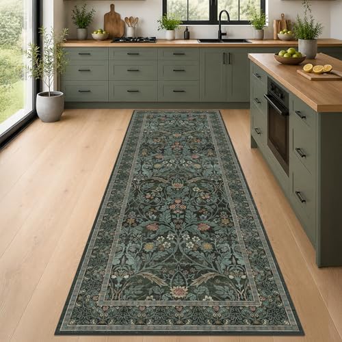 Washable 2'6"x8' Kitchen Runner Rugs Non Skid, 8ft Long Hallway Entryway Runner Rug, Non Slip Wide Carpet Runners for Bathroom, Dark Green Low Pile Soft Vintage Dark Floral Floor Decor (Dusty Teal) by Evyhood