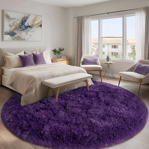 7ft Fluffy Dark Purple Round Rug for Bedroom Living Room, Washable Non-Slip - Image 2