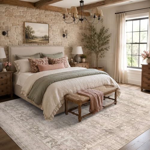 8x10 Washable Boho Area Rug, Light Beige Farmhouse for Living Room - Image 3