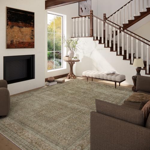 Washable Area Rugs for Living Room: 9x12 Bedroom Rug Boho Vintage Rugs Stain Resistant Non Slip Low Pile Lightweight Soft Carpets for Dining Room Kitchen Nursery Kids Room Farmhouse Living Room - Image 2