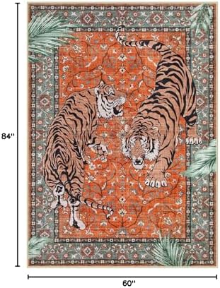 Moynesa Tiger 5x7 Area Rug, Boho Washable Living Room Rug, Non Slip Rugs for Bedroom, Ultra Thin Vintage Soft Stain Resistant Throw Floor Carpet for Office Dining Room, Rust - Image 2