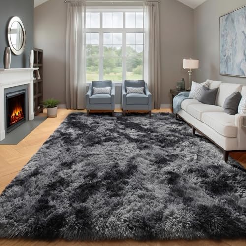 ONASAR 6x9 Area Rugs for Living Room Bedroom, Tie-Dyed Dark Grey Large Fluffy Bedside Throw Rug, Soft Plush Shaggy Fuzzy Floor Carpet for Nursery Kids Girls Boys Teen Dorm Home Decor by ONASAR