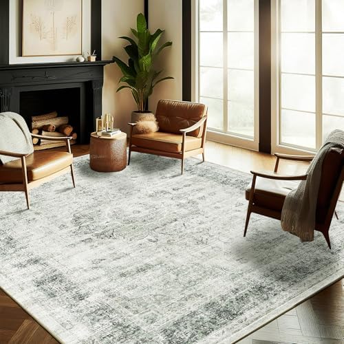 CHAMPLANT Washable Area Rug 8'x10' Floral Green Retro Boho Design Non-Shedding Non-Slip Easy Care Ideal for High Traffic Areas in Living Room Bedroom Office Coffee Table Kitchen Large Carpet by CHAMPLANT