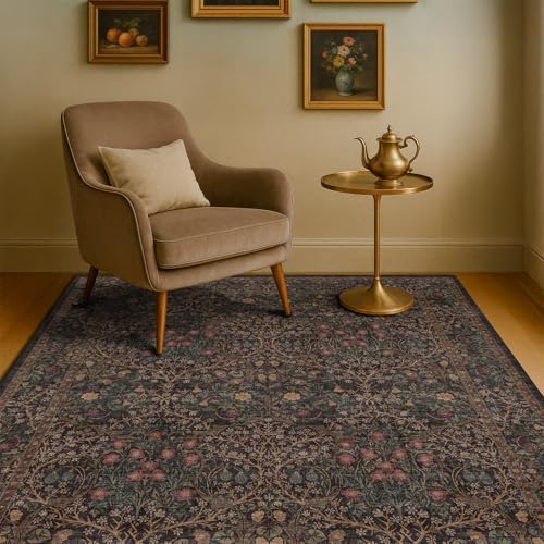 Washable Dark Brown 4x6 Area Rugs for Living Room, Bedroom Bedside Rug, Kitchen, Mudroom, Home Office, Non-Slip Low Pile Ultra Soft Stain Resistant, Small Vintage Taupe Accent Botanical Floral Carpet by HazoHaus