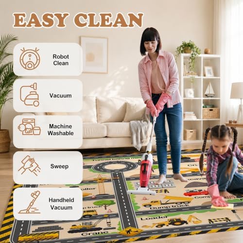 Kids Construction Playroom Rug, Faux Wool Excavator Map, Non-Slip, 4 x 6 ft - Image 6
